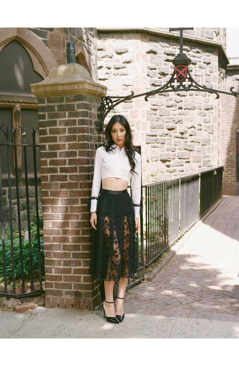 Contessa Mills Raven Lace Satin-Trim Skirt, Alternate, color, Black