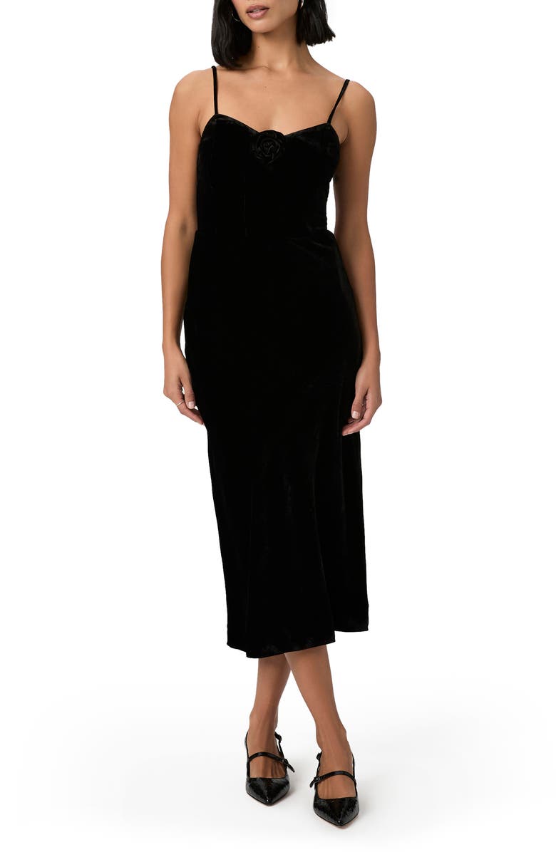 PAIGE Gais Rosette Velvet Midi Dress, Main, color, Black