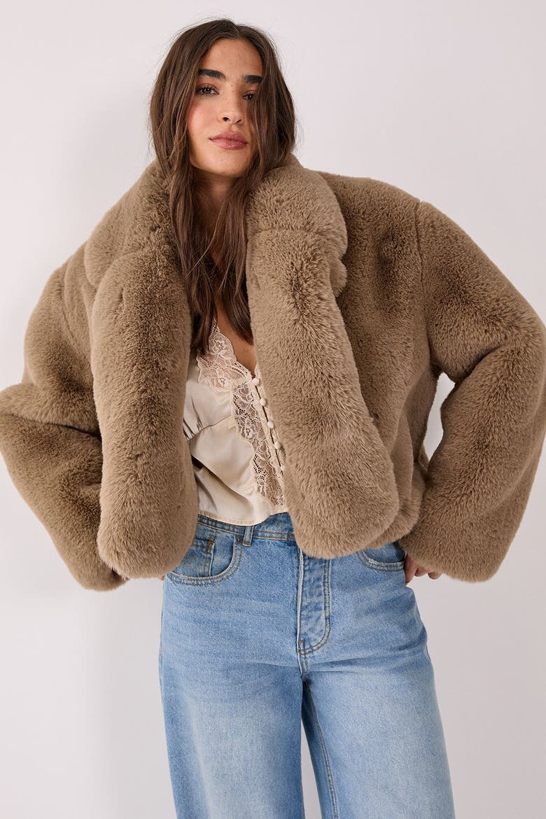 Cropped Collar Faux Fur Jacket, Alternate, color, Mink