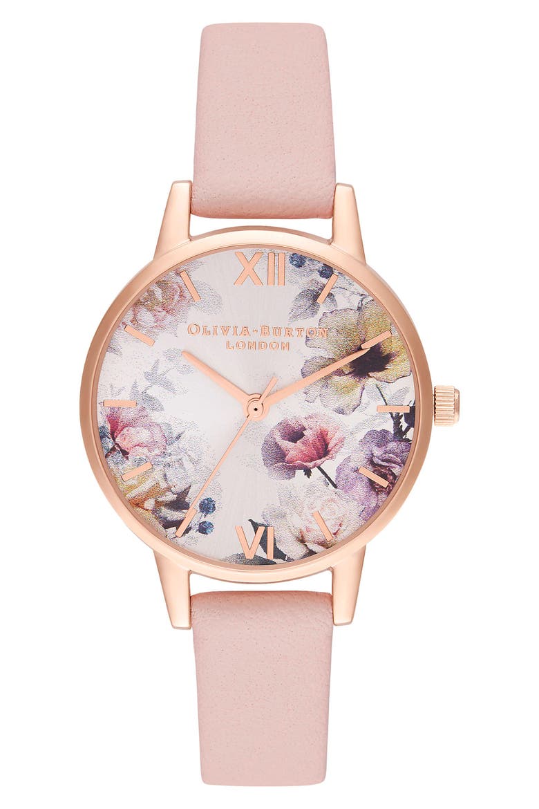 Sunlight Florals Leather Strap Watch, 30mm, Main, color, PINK/ FLORAL/ ROSE GOLD