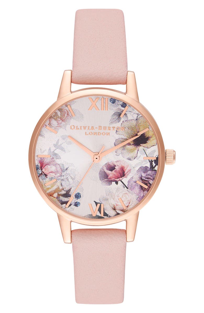 Olivia Burton Sunlight Florals Leather Strap Watch, 30mm, Main, color,