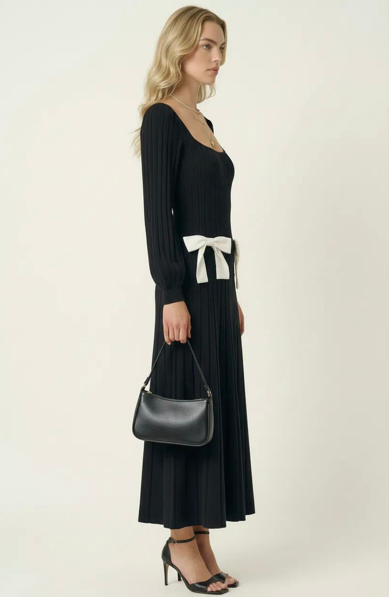 Modenaire Front Bow Flared Sweater Midi Dress, Alternate, color, Black