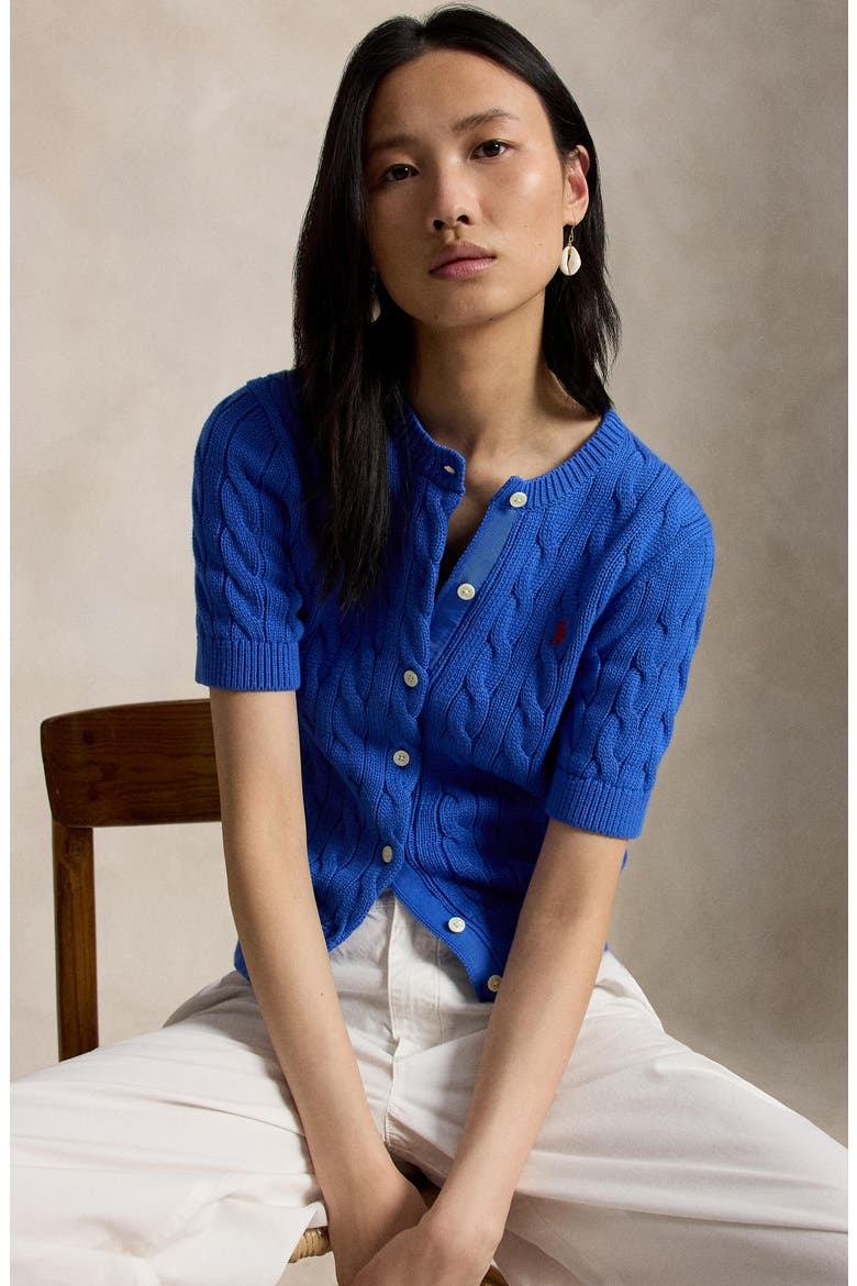 Short Sleeve Cable Stitch Cardigan, Alternate, color, GALA BLUE