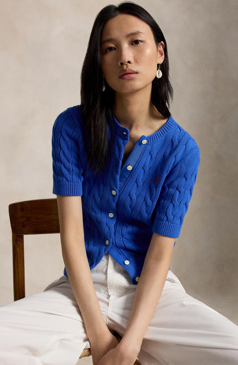Polo Ralph Lauren Short Sleeve Cable Stitch Cardigan, Alternate, color, Gala Blue