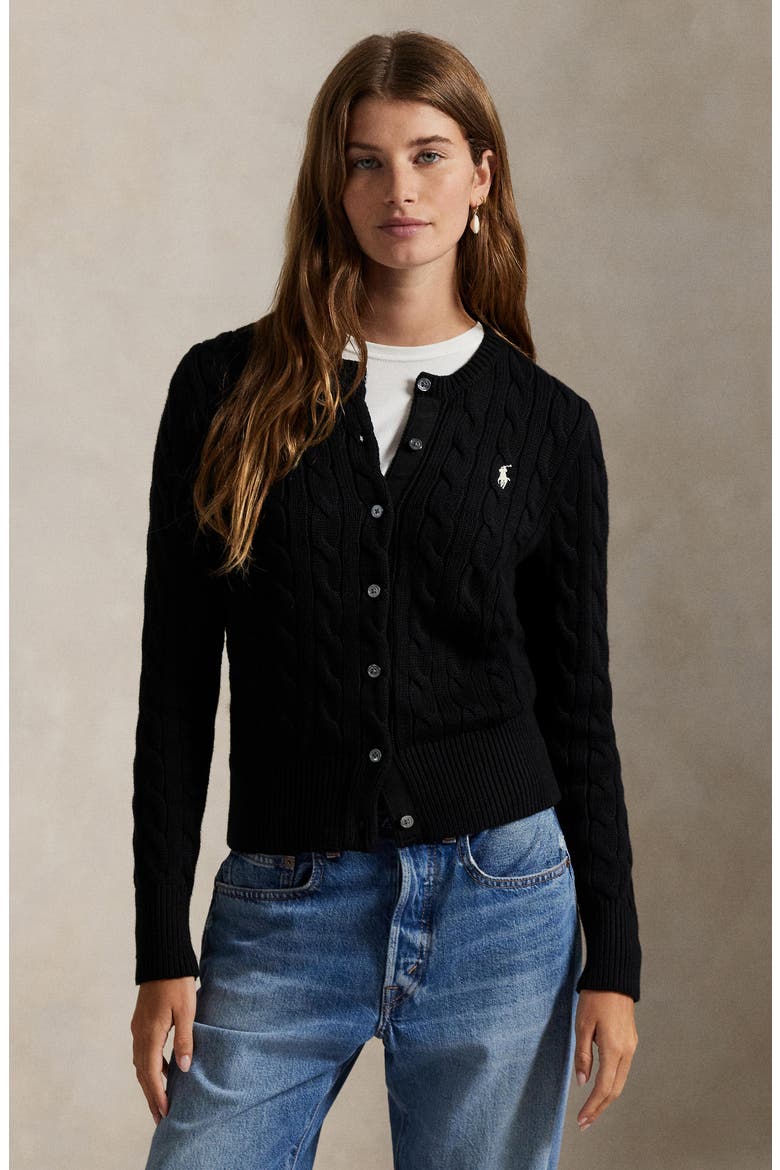 Cable Knit Cotton Blend Cardigan, Alternate, color, POLO BLACK