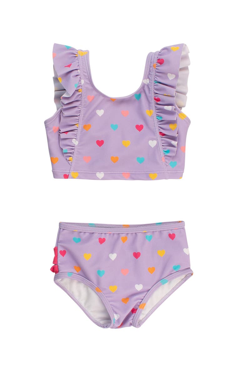 RuffleButts Toddler Girls UPF50+ Waterfall Tankini, Main, color, Lavender Colorful Hearts