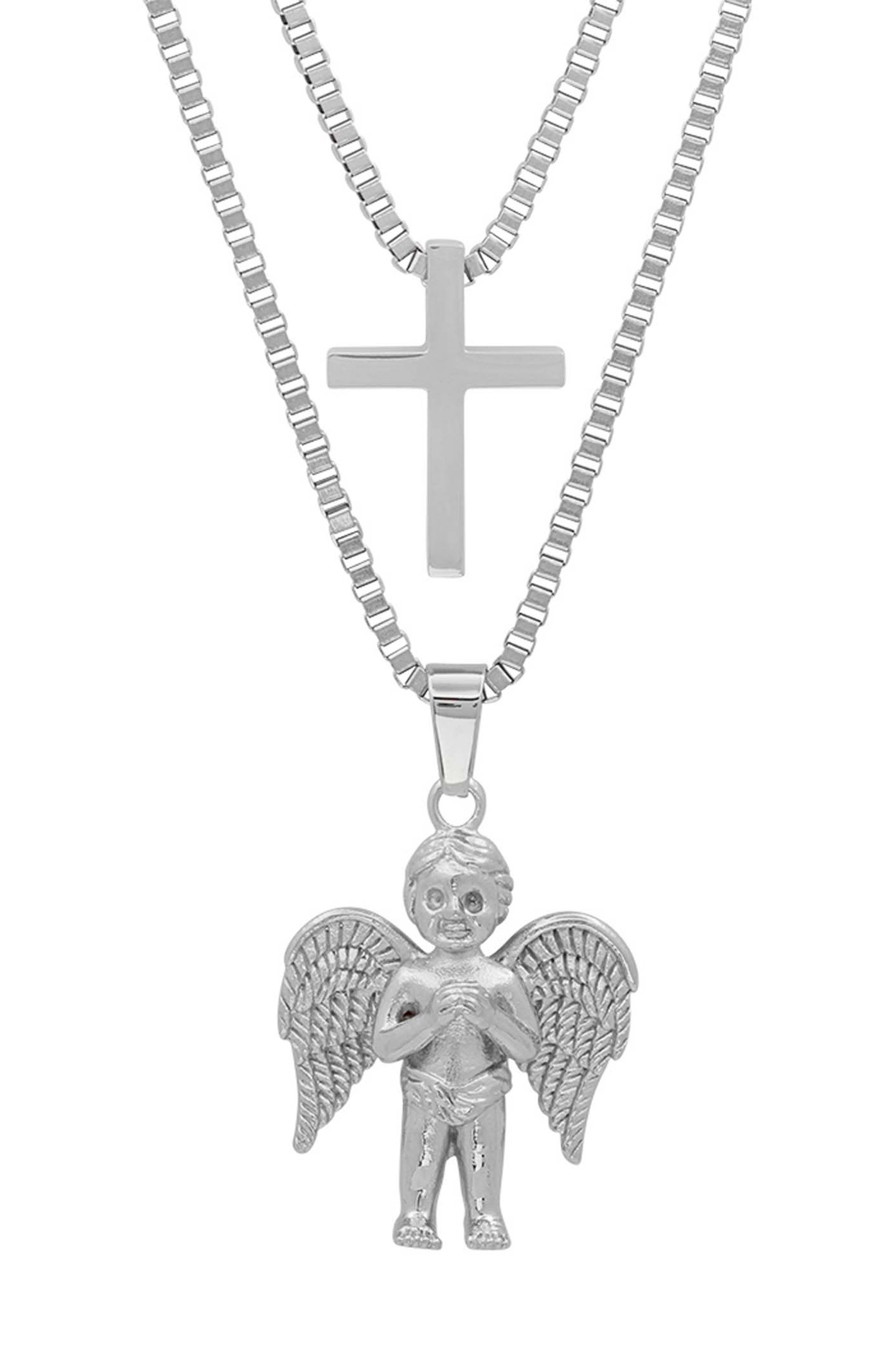 Men's Stainless Steel Layered Cross & Cherub Pendant Necklace