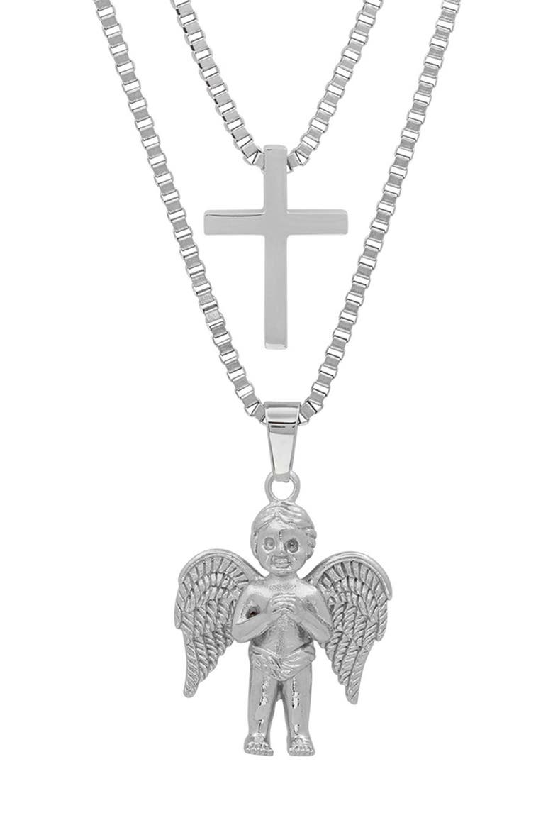 Men's Stainless Steel Layered Cross & Cherub Pendant Necklace, Main, color, SILVER