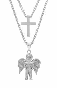 Men's Stainless Steel Layered Cross & Cherub Pendant Necklace