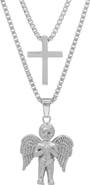 STEELTIME Men's Stainless Steel Layered Cross & Cherub Pendant Necklace