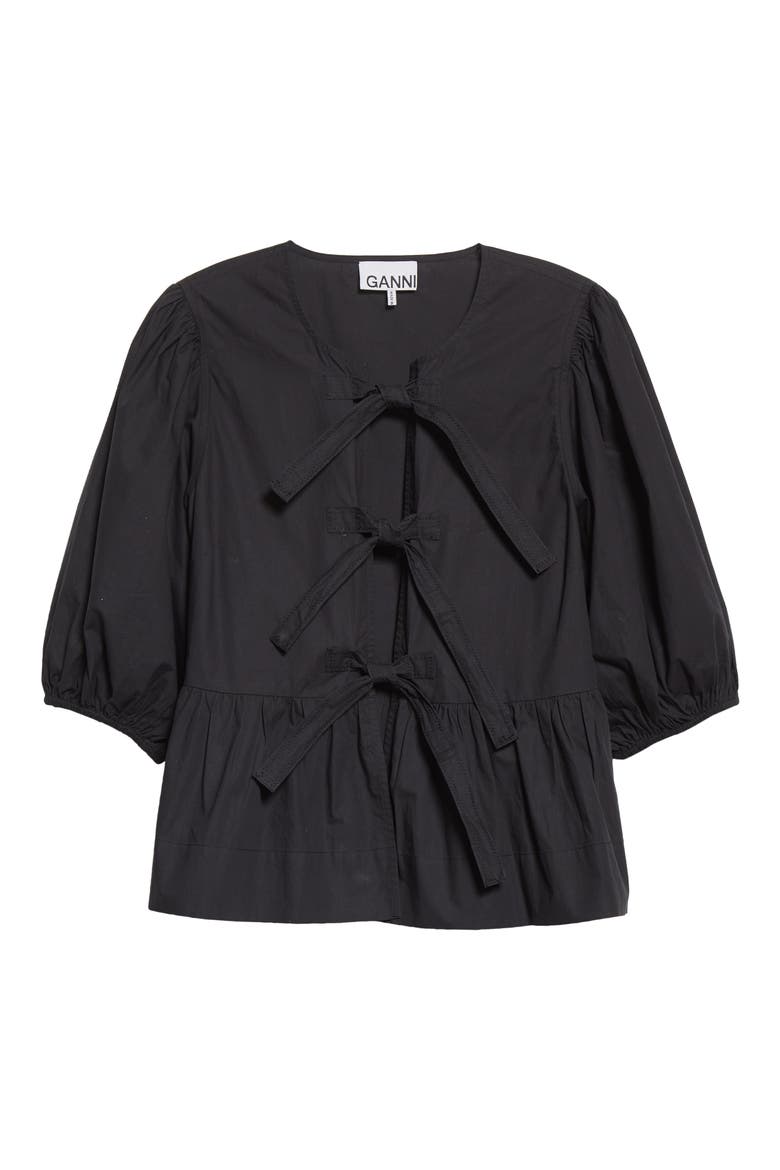 Puff Sleeve Organic Cotton Poplin Peplum Blouse, Alternate, color, BLACK