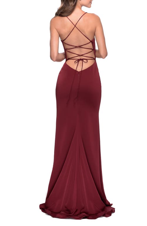 La Femme Ruffle Prom Dress With Scoop Neck And Lace Up Back In Wine