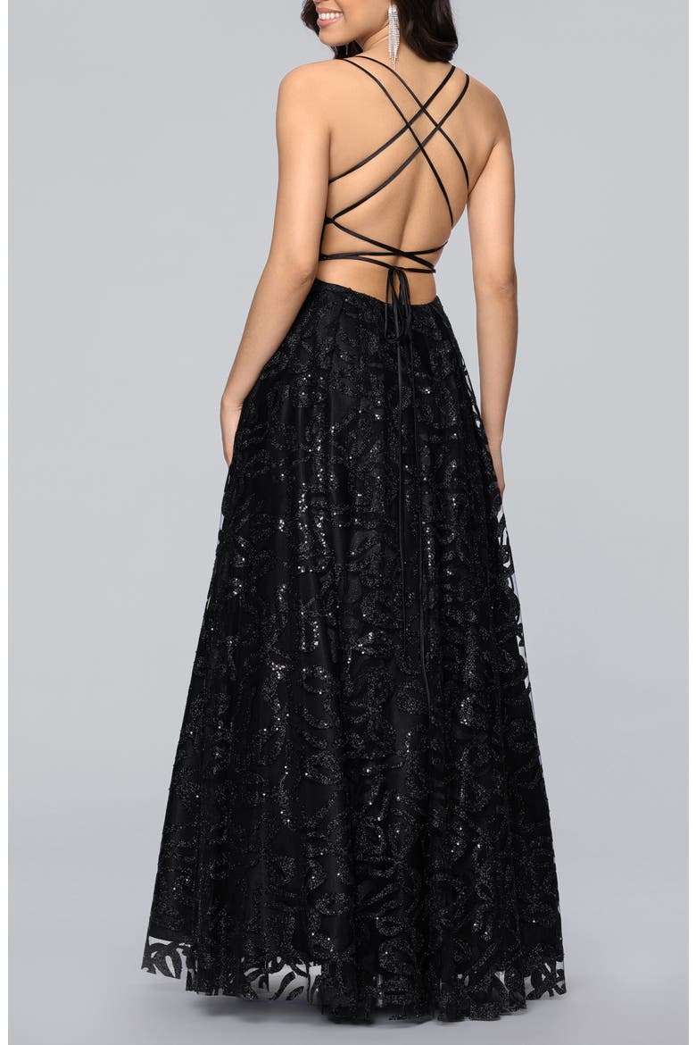 Strappy Illusion Bodice Ballgown, Alternate, color, BLACK