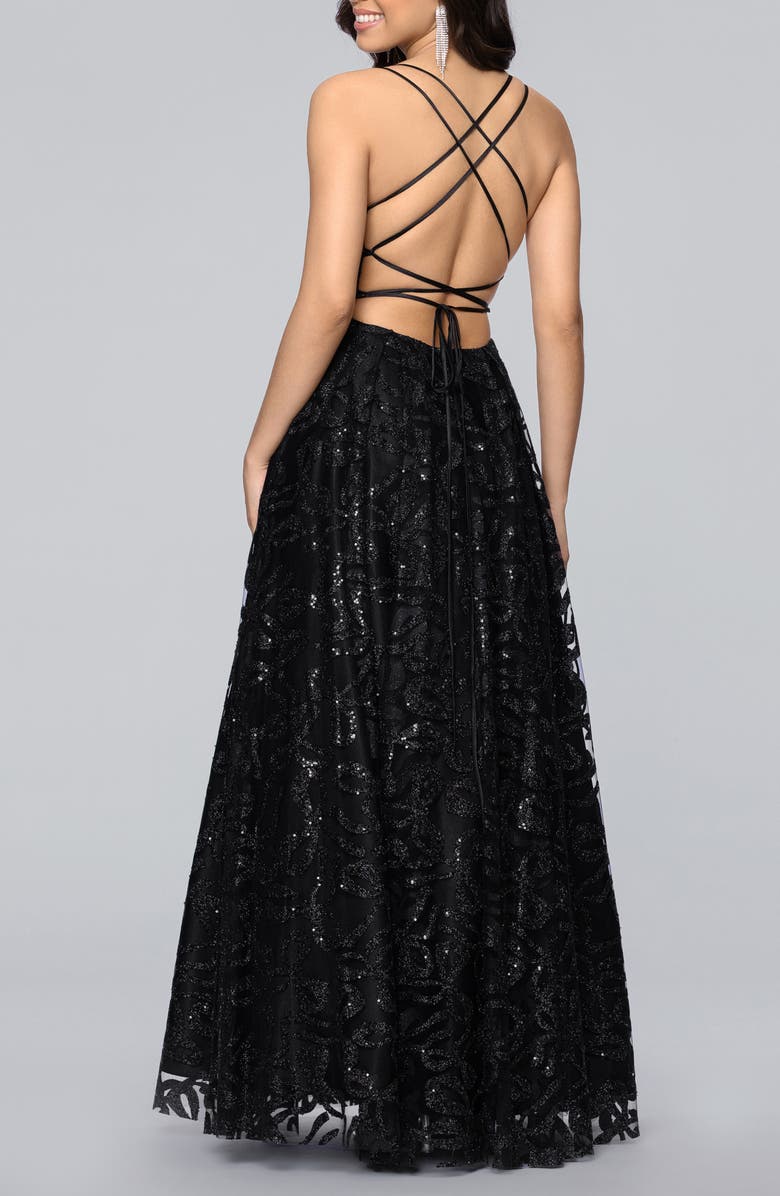 Blondie Nites Strappy Illusion Bodice Ballgown, Alternate, color, Black