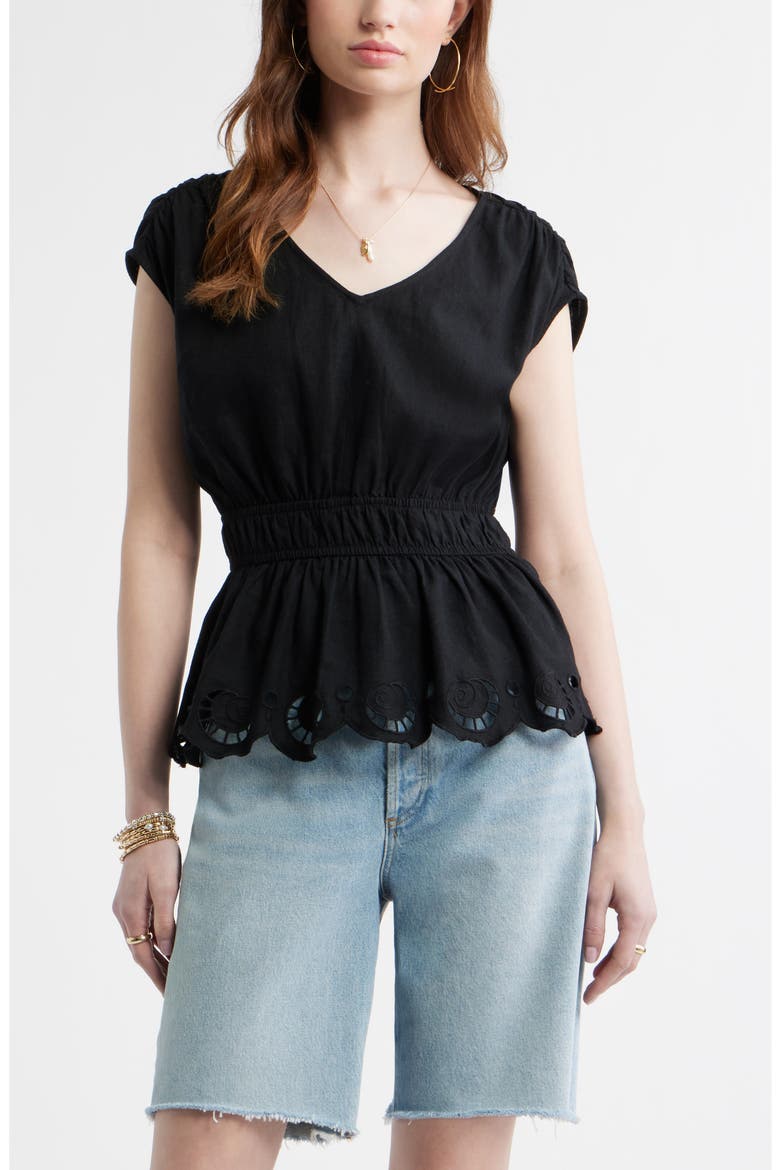 Eyelet Hem Peplum Top, Main, color, BLACK