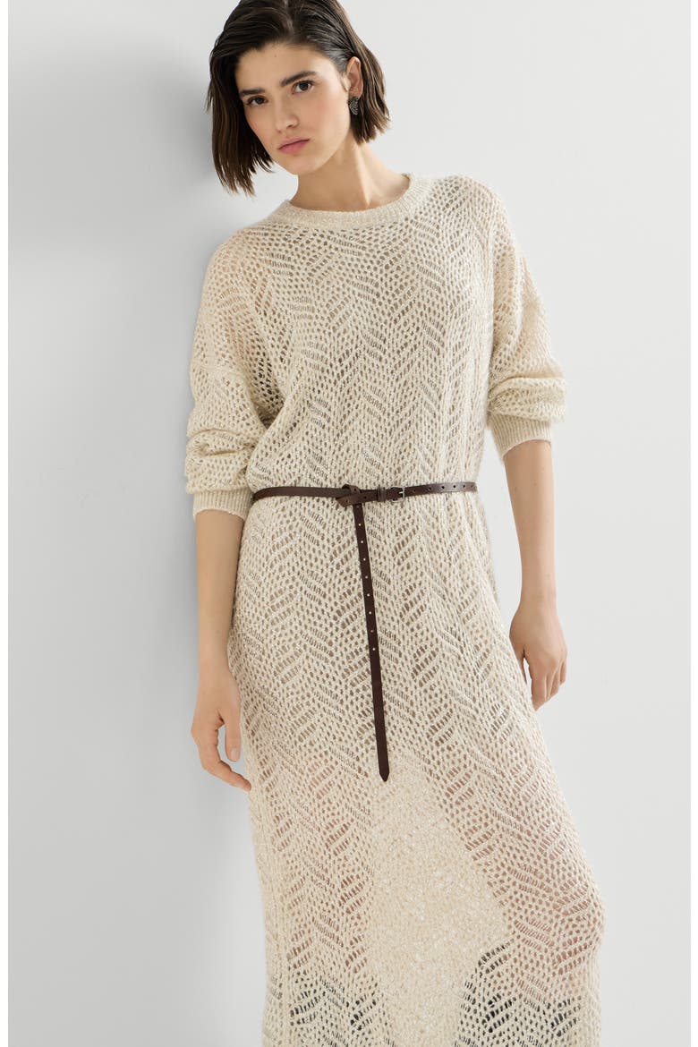 Dazzling abstract leaf knit dress in mohair and wool, Alternate, color, Cream