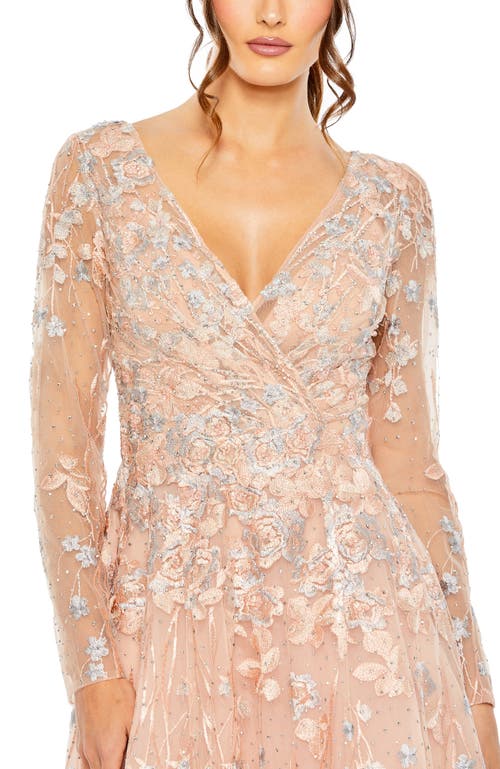 Mac Duggal Embellished Wrap Over Illusion Long Sleeve A Line Gown In Peach