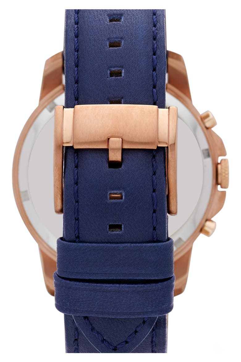 'Grant' Round Chronograph Leather Strap Watch, 44mm, Alternate, color, NAVY/ ROSE GOLD