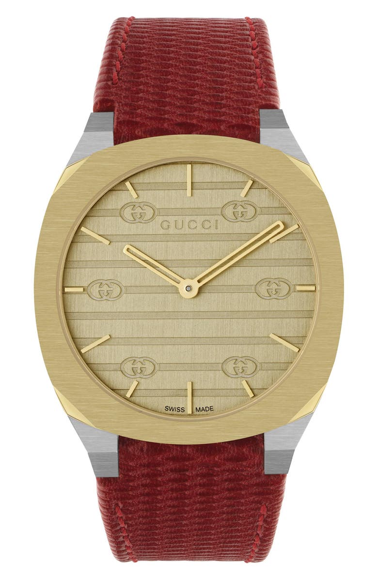 Gucci 25H Leather Strap Watch, 38mm, Alternate, color, 