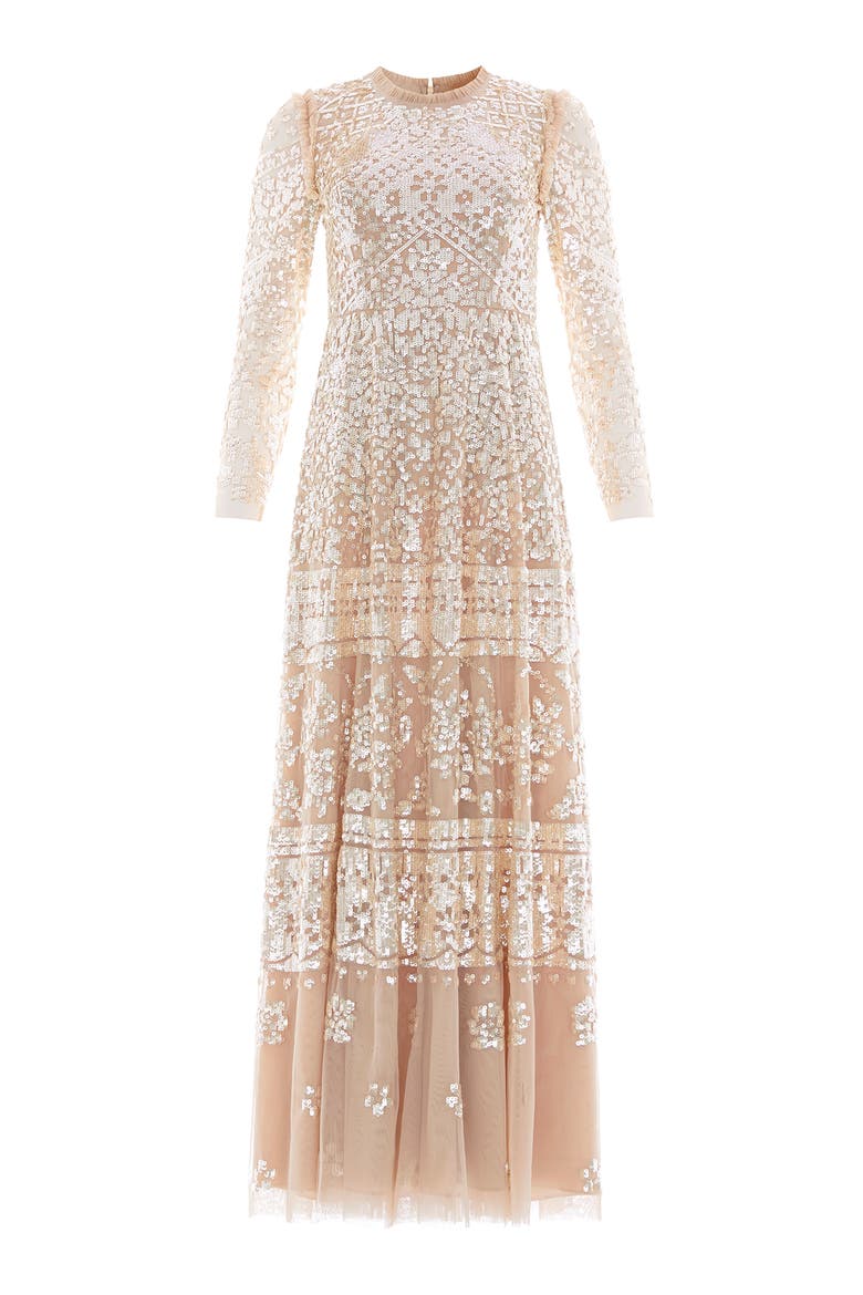 Aurora Long Sleeve Round Neck Gown, Alternate, color, Butterscotch/ Gold