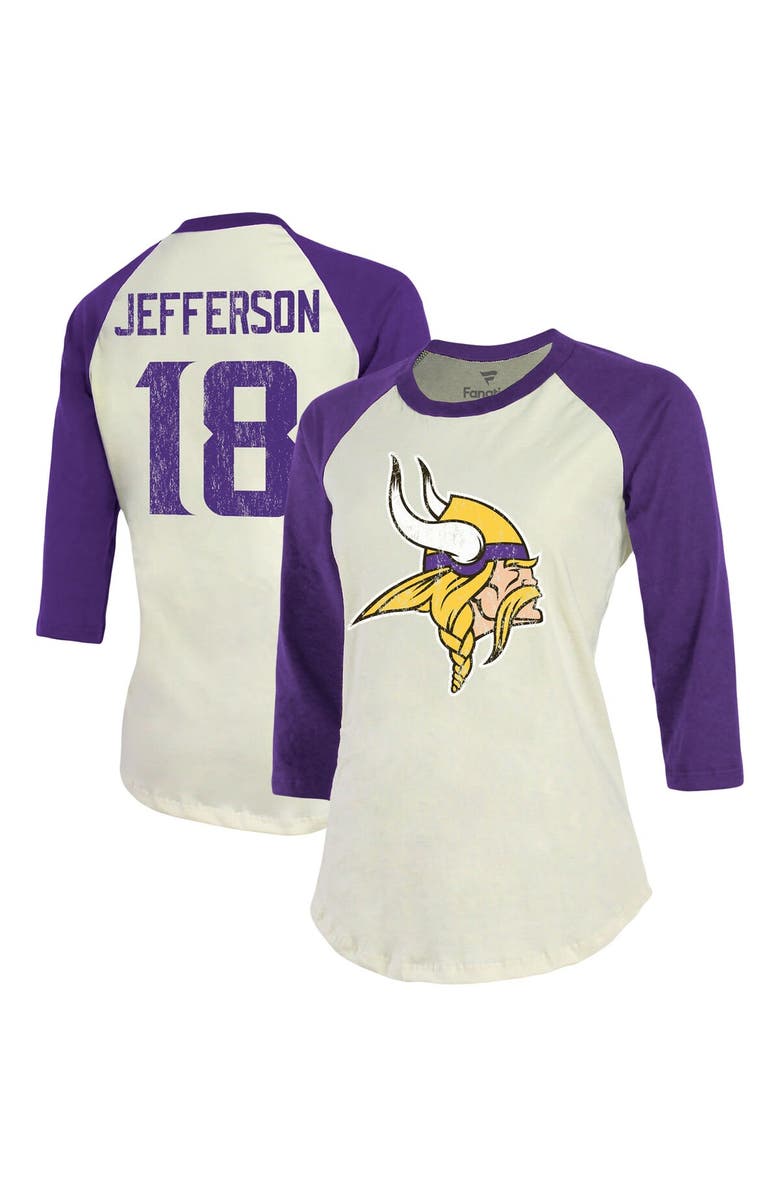 Majestic Threads Women's Majestic Threads Justin Jefferson Cream/Purple Minnesota Vikings Player Raglan Name & Number Fitted 3/4-Sleeve T-Shirt, Main, color, 