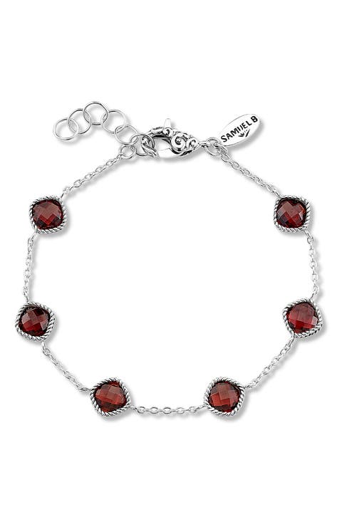 Sterling Silver Cushion Cut Semi-Precious Stone Station Bracelet