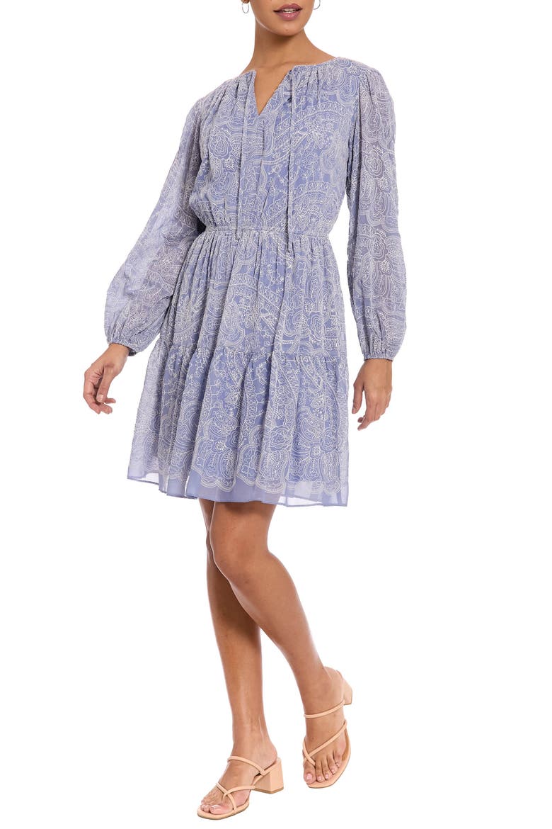 Split Neck Long Sleeve Dress, Alternate, color, MARLIN/ IVORY