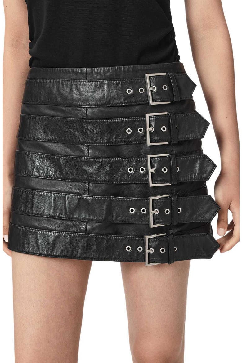 Betty Buckle Leather Miniskirt, Alternate, color, BLACK