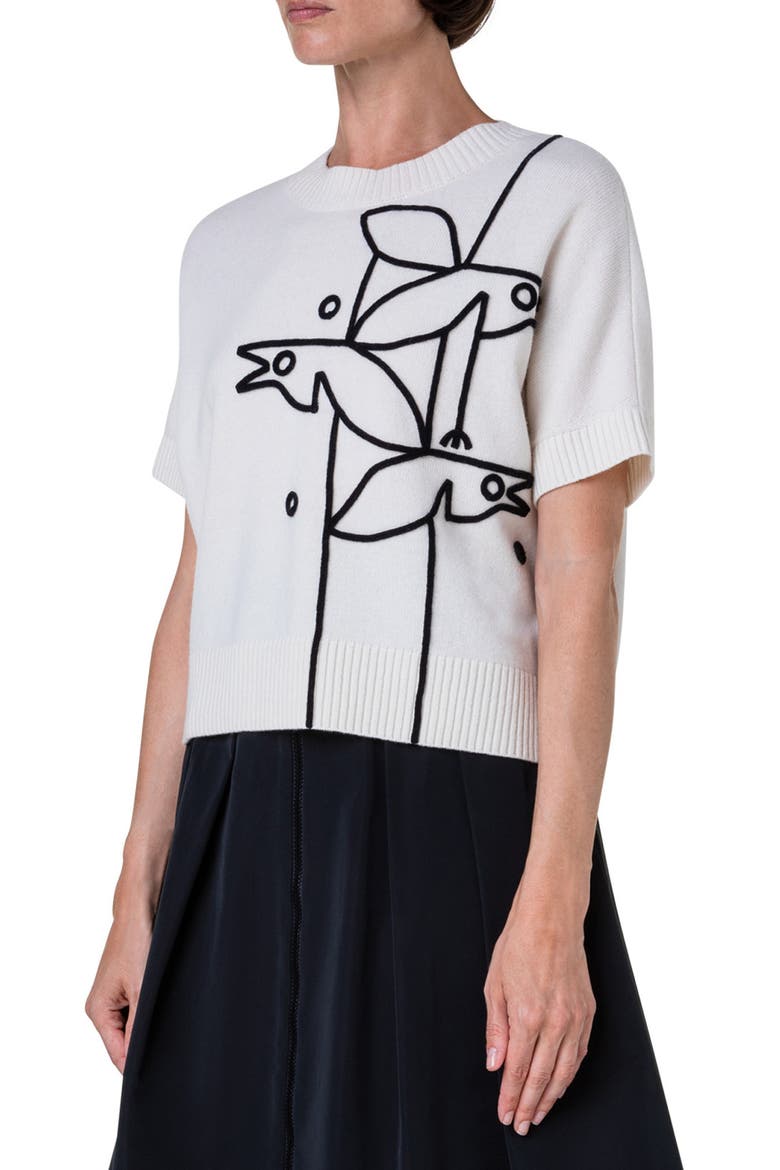 Bird Graphic Virgin Wool & Cashmere Sweater, Alternate, color, CREAM-BLACK