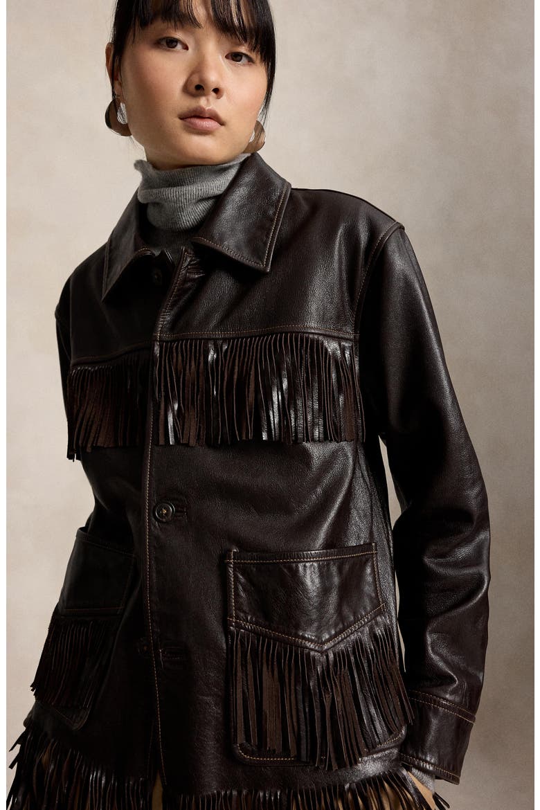 Fringe Trim Leather Shirt, Alternate, color, DARK CHOCOLATE
