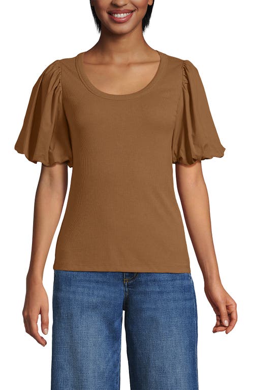 Lands' End Drapey Rib Puff Sleeve Scoop Neck Top In Brown