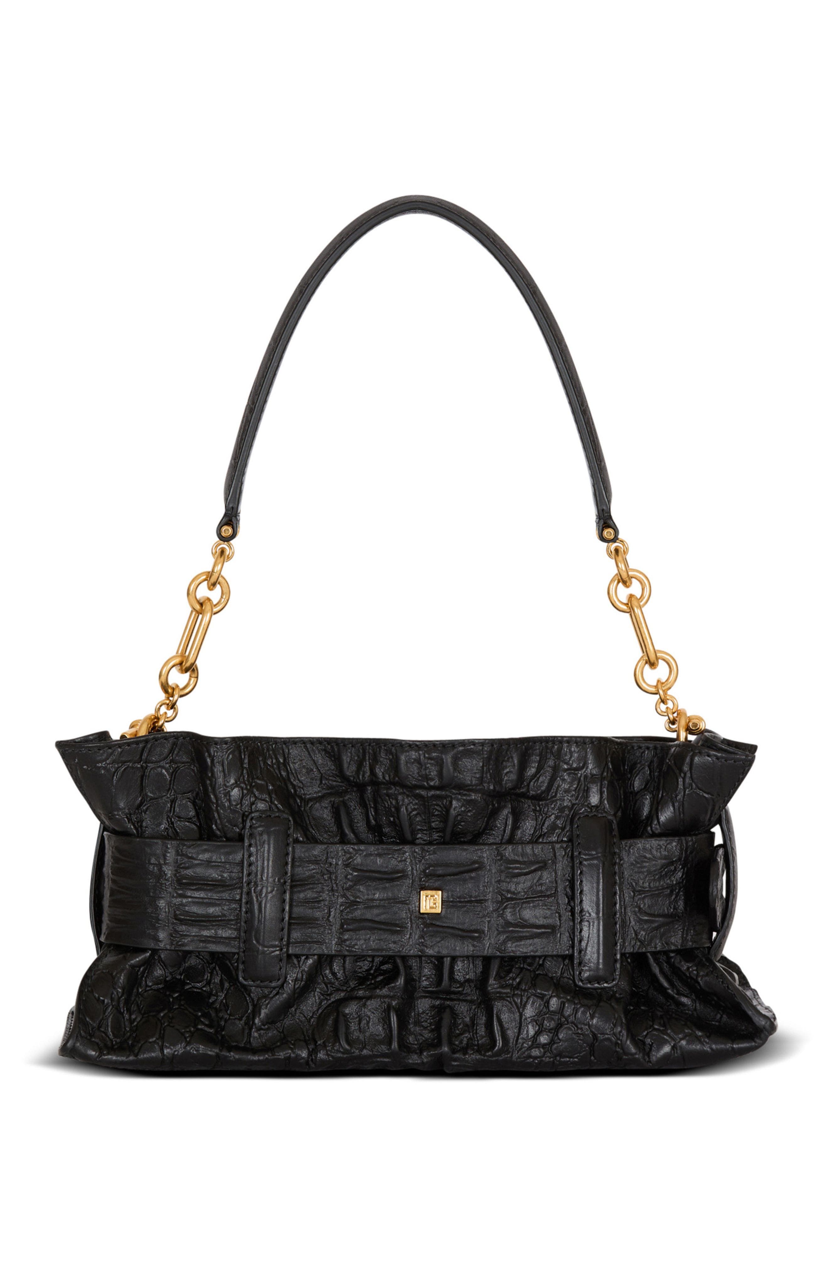 Balmain Mini Anthem bag in embossed crocodile-print calfskin, Alternate, color, Black