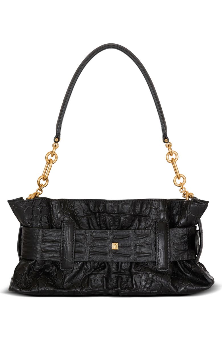 Balmain Mini Anthem bag in embossed crocodile-print calfskin, Alternate, color, Black