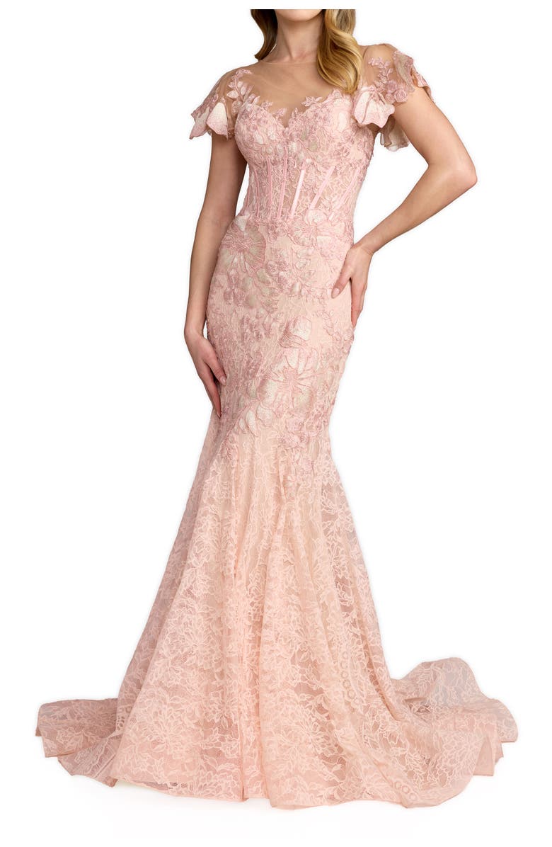 Mac Duggal Embroidered Lace Trumpet Gown with Flutter Sleeves, Main, color, Blush