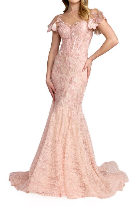 Embroidered Lace Trumpet Gown with Flutter Sleeves