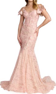 Mac Duggal Embroidered Lace Trumpet Gown with Flutter Sleeves
