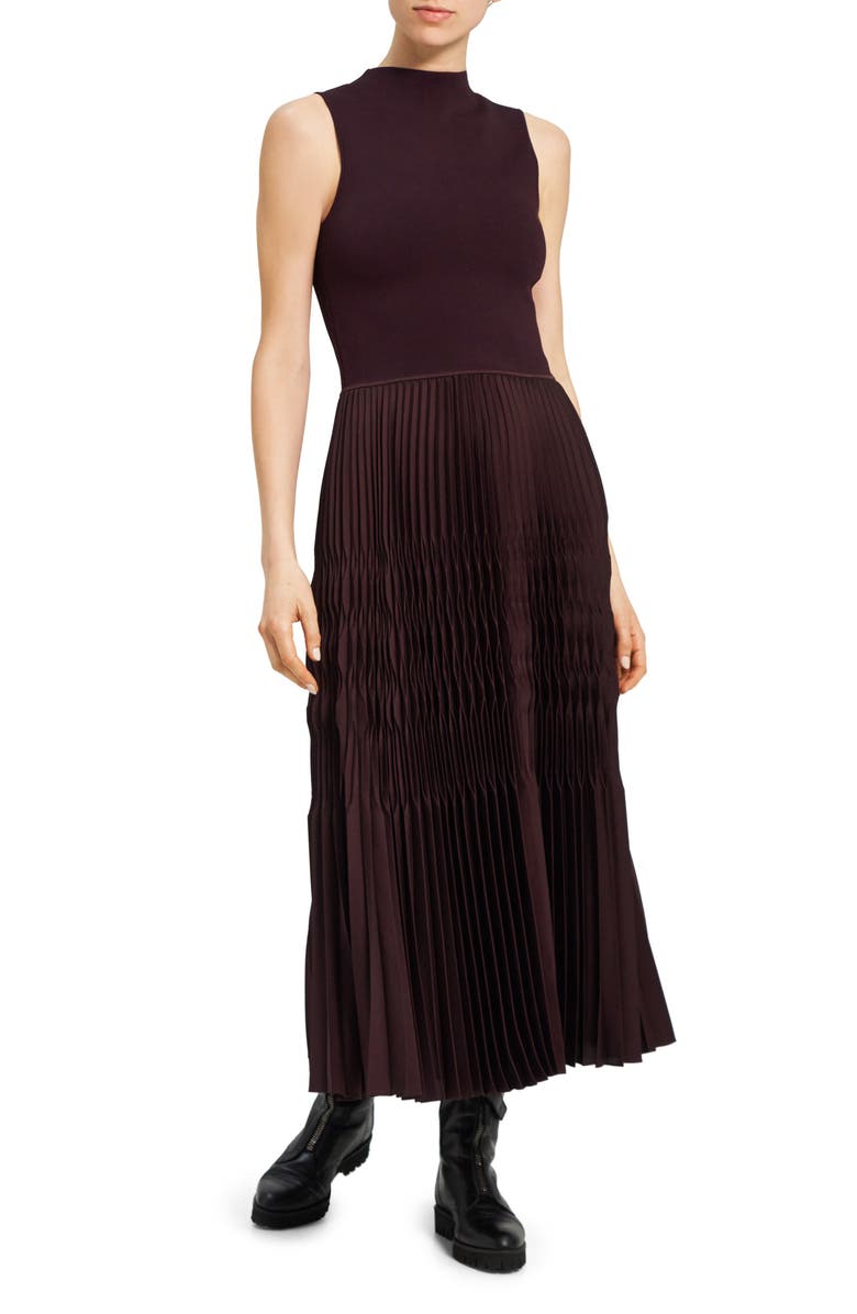 Theory Pleated Satin Midi Dress, Main, color, 