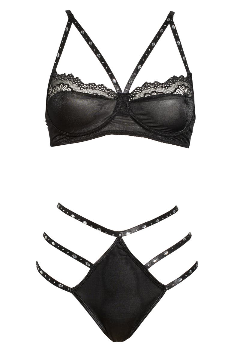 Embellished Strappy Underwire Bra & Panties, Alternate, color, BLACK