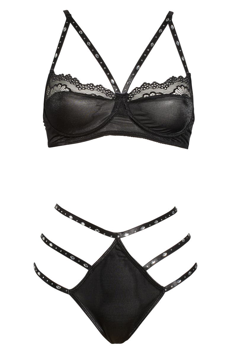 Coquette Embellished Strappy Underwire Bra & Panties, Alternate, color, Black