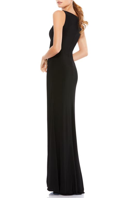 Mac Duggal Ruched Stretch Jersey V-neck Gown In Black