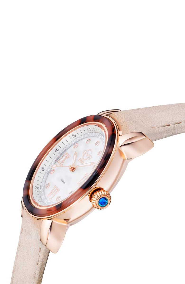 GV2 Marsala Tortoise Pattern Mother-of-Pearl Dial Diamond Suede Strap Watch, 36mm - 0.045 ctw., Alternate, color, Beige