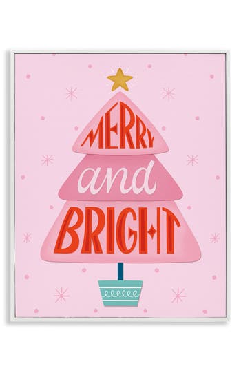 Stupell Industries Merry & Bright Framed Canvas Wall Art In Pink