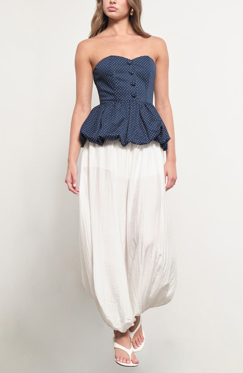 MAUDE CLUB Wyatt Polka Dot Strapless Bubble Hem Peplum Top, Alternate, color, Navy White Dots