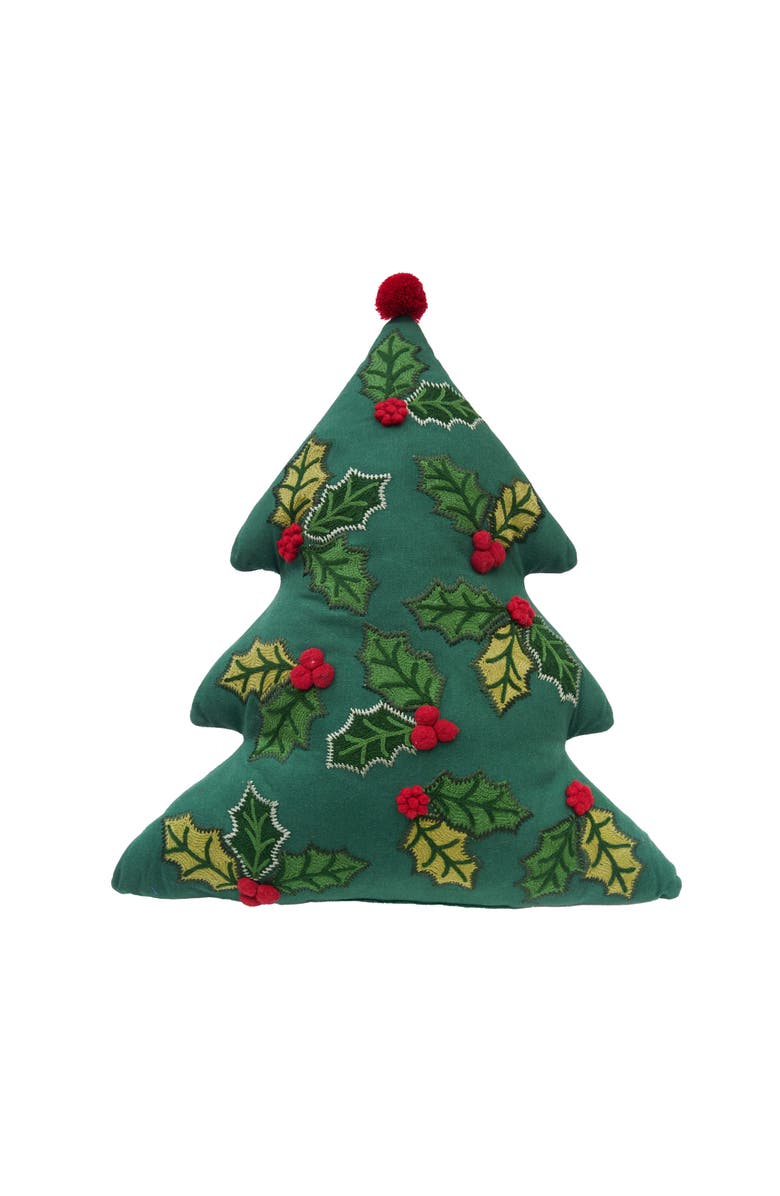 C&F Home Christmas Tree Shaped w/ Embellished Holly Cotton Blend Accent Pillow 15" x 18", Main, color, Green