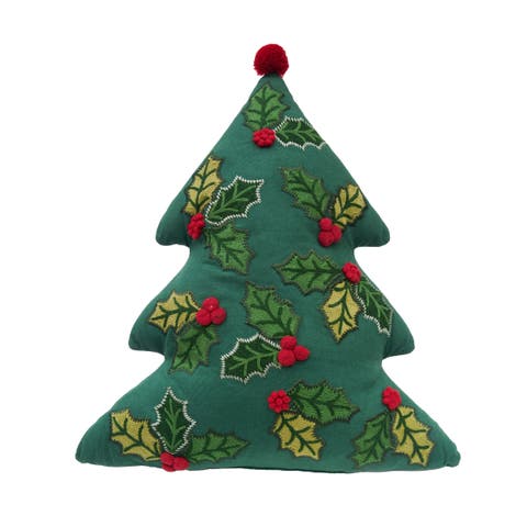 Christmas Tree Shaped w/ Embellished Holly Cotton Blend Accent Pillow 15" x 18"