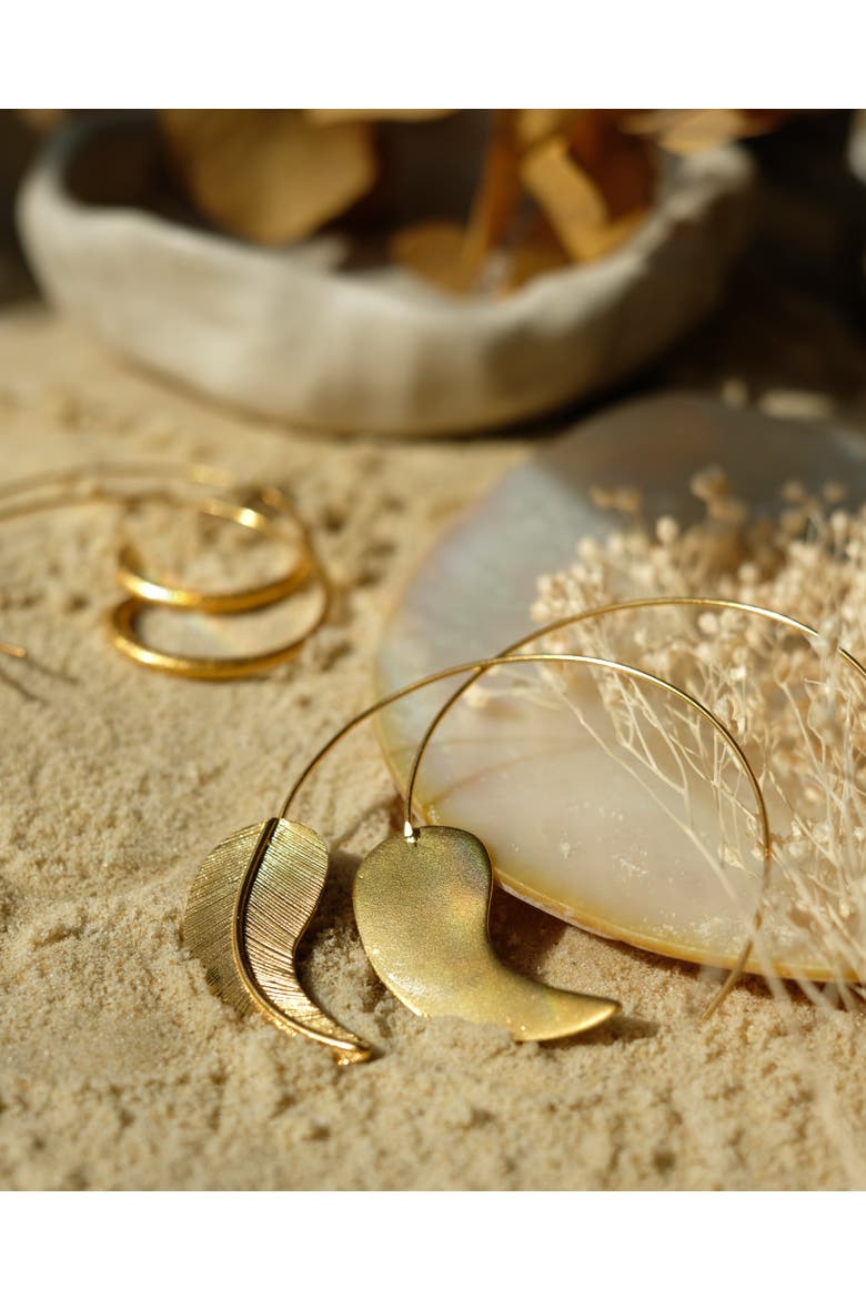 Gold Feather Pull Through Hoop Earrings, Alternate, color, Brass
