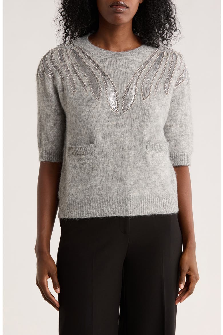 Embellished Short Sleeve Sweater, Main, color, LIGHT HEATHER GREY