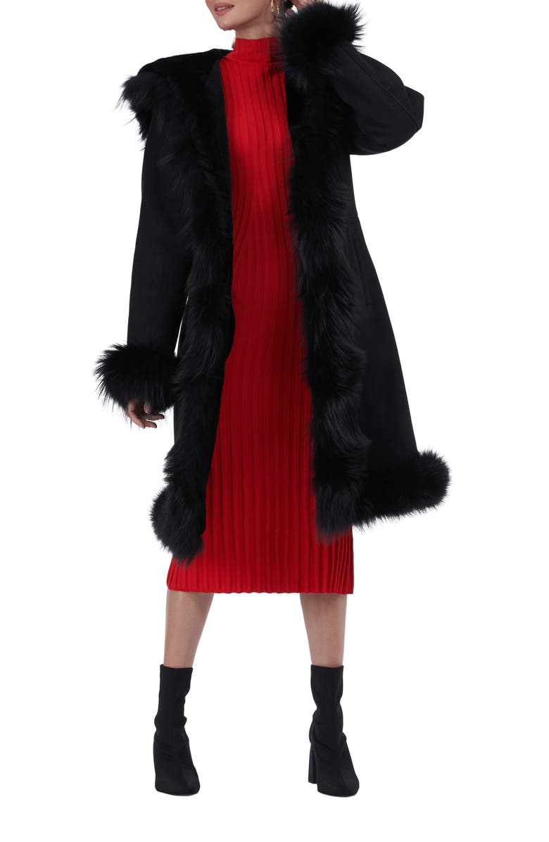 GORSKI Genuine Shearling Short Coat With Genuine Shearling Tuxedo Collar, Hood Trim, Cuffs & Bottom, Alternate, color, Black