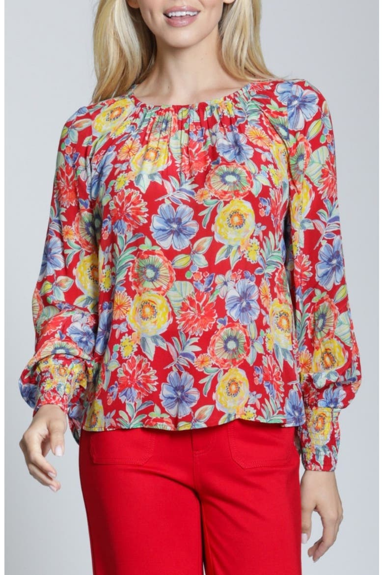 Floral Smock Cuff Top, Main, color, RED MULTI