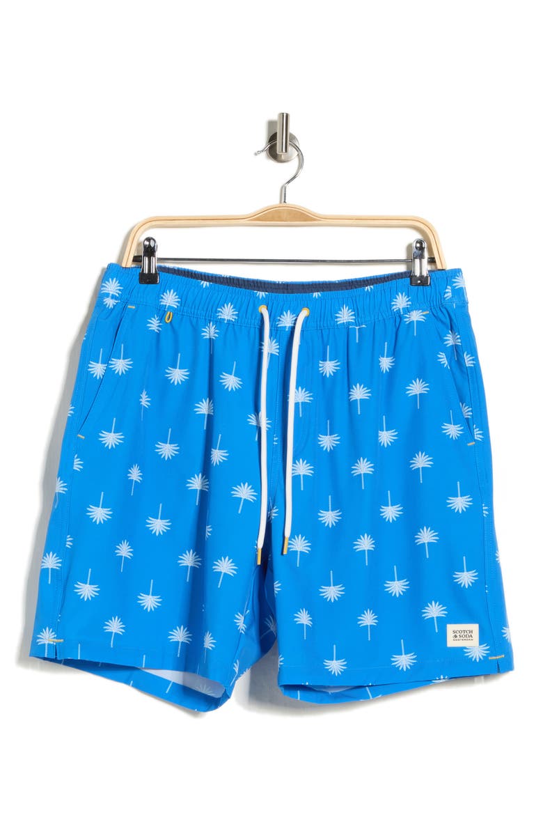 Palm Tree Print Swim Trunks, Alternate, color, CAMPANULA